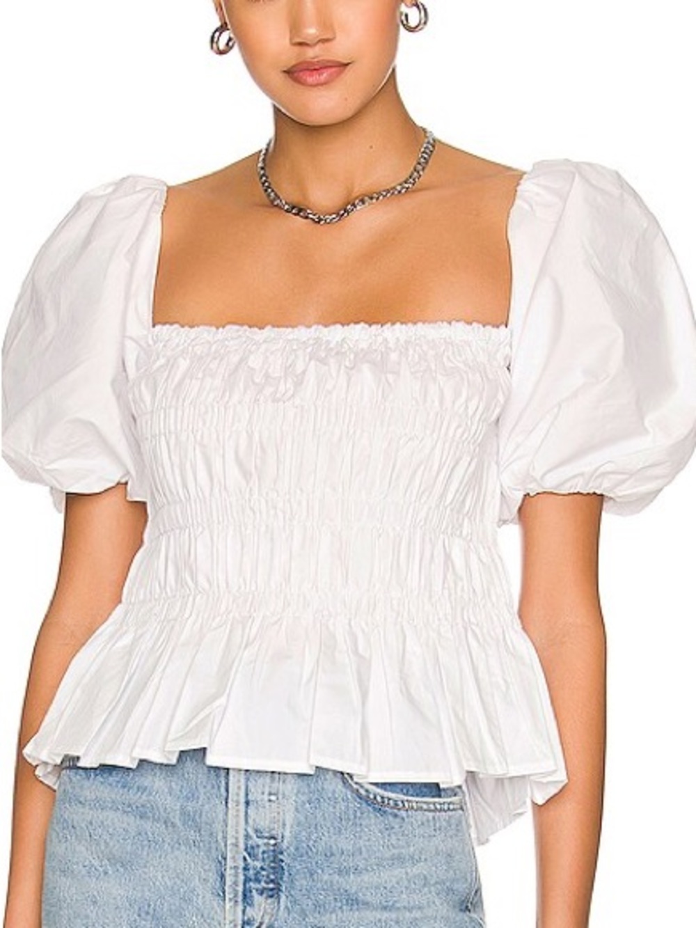 ASTR the Label White Smocked Puff Sleeve Top